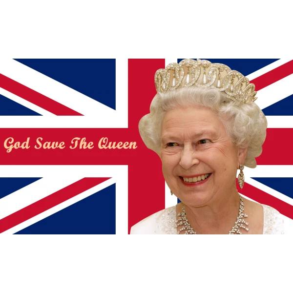 Union jack flag with photo of the Queen and "God Save The Queen" text