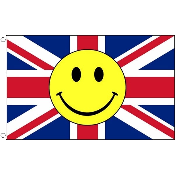 red white and blue Union Jack with a big yellow smiley face in the centre