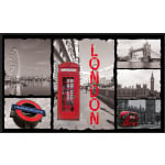 London Phonebox flag. Shows London's famous landmarks in grey with the London Underground sign, phonebox and double decker bus in red.