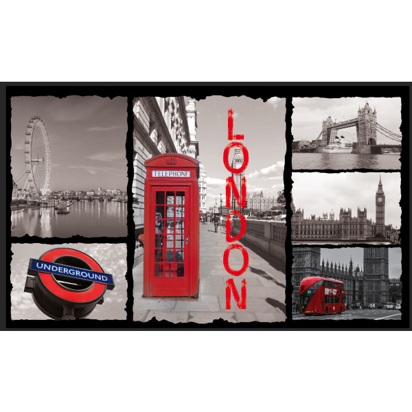 London Phonebox flag. Shows London's famous landmarks in grey with the London Underground sign, phonebox and double decker bus in red.