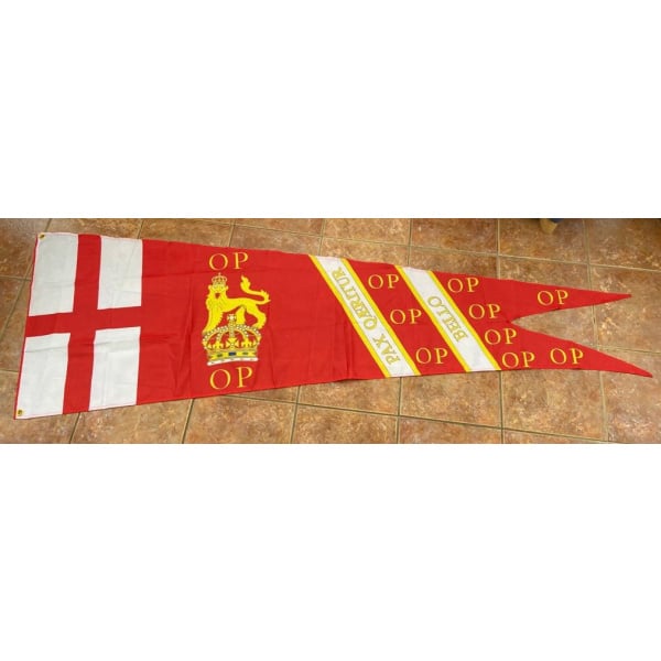 Red and white Oliver Cromwell abnner with St George's Cross and Royal Sign of Cromwell