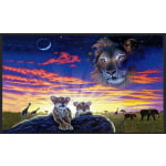 a head image of a male lion, and tiger cubs. In the background, there are many other animals that you would see on a safari including elephants and giraffes