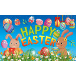 Happy Easter text alongwith two easter bunnies and a variety of colourful easter eggs.