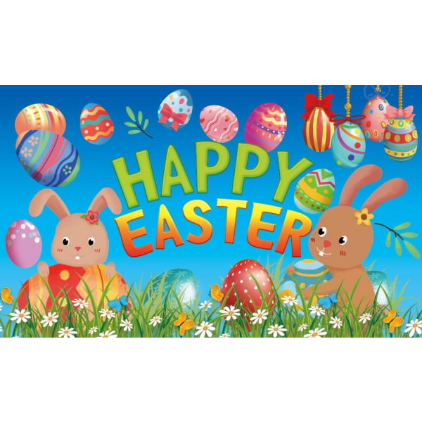 Happy Easter text alongwith two easter bunnies and a variety of colourful easter eggs.