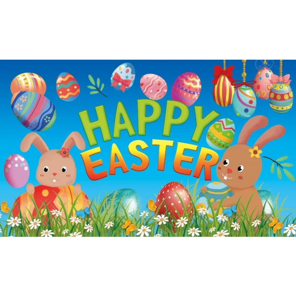 Happy Easter text alongwith two easter bunnies and a variety of colourful easter eggs.