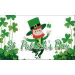 St Patrick's Day text with leprechaun and four leafed clovers