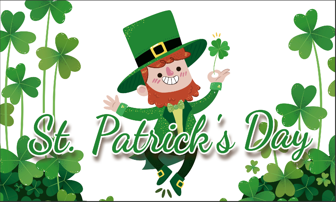 Happy St Patricks Day New St Patrick's Day text with leprechaun and four leafed clovers