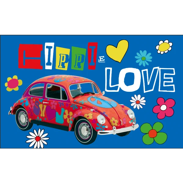 hippie love flag text with vw beetle